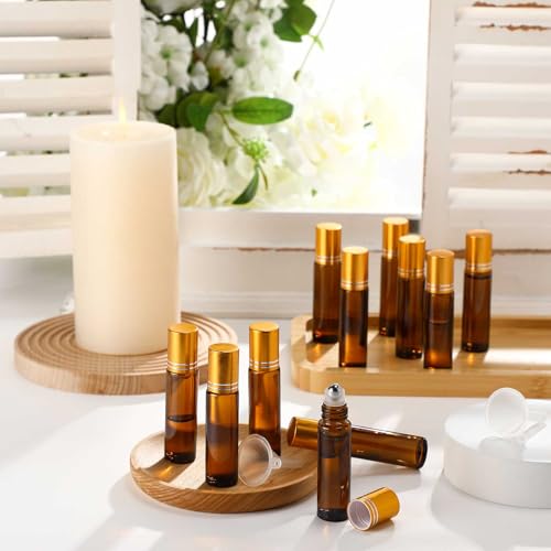 Image of Sumind 150 Pcs Essential Oil Roller Bottles 10 ml Glass Roller Bottles with Stainless Steel Roller Balls Empty Bottles Leak Proof Roll on Bottles with 5 Funnel for Travel Essential Oil (Amber, Gold)