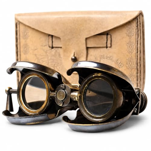 Binoculares vintage de latón con estuche de cuero miniatura 1