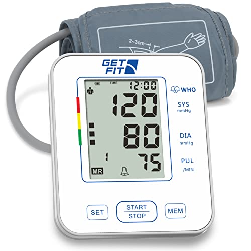 Get Fit Tensiómetro para Uso Doméstico - Tensiómetro Médico de Brazo - Pulsómetro - Memoria 2x99 - Brazalete Grande para Adultos - Esfigmomanómetro con Pantalla LCD - Blanco - 22-32cm