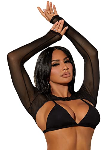 Verdusa Women's Sheer Mesh Long Sleeve Crop Shrug Bolero Super Crop Cover Up Black M #TOP7