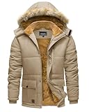 TACVASEN Chaqueta Polar Chaqueta con Capucha de Invierno para Hombre Chaqueta Impermeable para Exteriores Chaqueta Cálida de Lucio Caqui,L