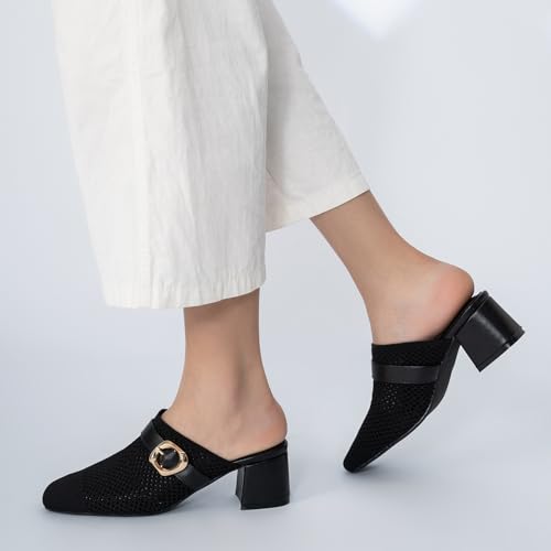 Heeled Mules for Women Comfortable Knit Square Closed Toe Slip On Chunky Heels Slide Sandals Ladies Shoes4