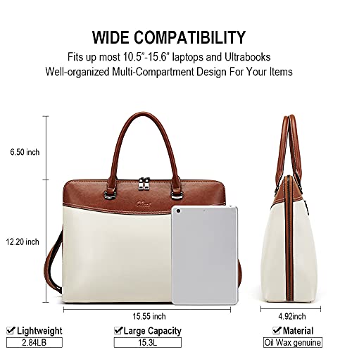 CLUCI Briefcase for Women Genuine Leather 15.6 Inch Laptop Vintage Large Medium Ladies Business Work Tote Shoulder Bags Beige