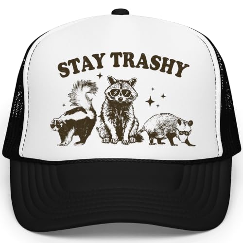 Image of Stay Trashy Funny Raccoon Graphic Classic 5 Panel Mesh Snap Back Trucker Hat