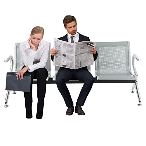 Waiting Room Chairs Silver Mesh Reception Bench Lobby Conference Chairs Waiting Area Seating Furniture With Arms For Guest Reception Airport Bank Hospital Offices Salon Barber (3-Seater, Mesh) #TOP4