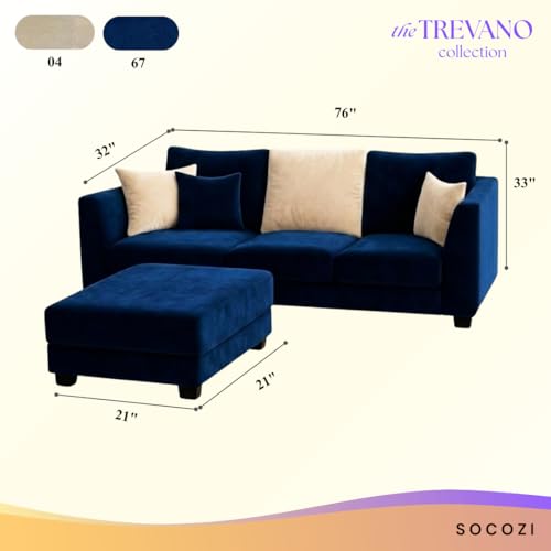 Image of SOCOZI Trevano 4 Seater L Shape Sofa Set with Movable Ottoman | Flexible Left or Right Layout | Soft Velvet Suede Fabric | Modern Design | Plush Comfort Cushions for Living Room (Dark Blue-Cream)