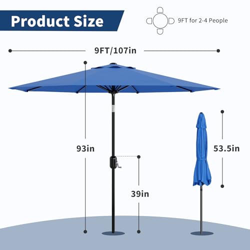 Garvee 9ft Patio Umbrella with Crank Lift & Push Button Tilt, Table Umbrella Outdoor Patio 8 Sturdy Ribs for Yard, Deck, Pool, Azure