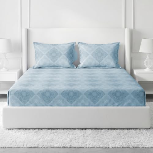 Image of Monte Carlo Eminence Double Bedsheet with 2 Pillow Covers | 144 TC Cotton Bedsheet for Double Bed | Soft & Breathable All Season Bedding Set | Blue Geometric Design | Bedsheet 87 x 100 Inches