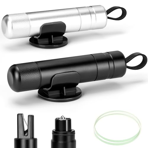 NINEMAX 2 In 1 Cortador Cinturon De Seguridad Martillo Luna Coche con Soporte Fijo,2pcs Romper Cristal Coche y Cinturon con Vidrio De Prueba,Herramienta De Autorrescate