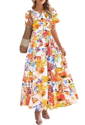 Image of BTFBM Womens Summer Floral Maxi Dresses V Neck Short Sleeve Boho Casual Flowy Long Wedding Guest Dress Beach Vacation