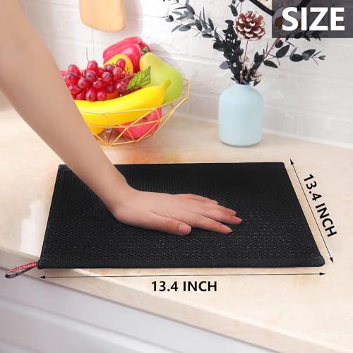 Image of Kitchen Cotton Lint Free Waffle Weave Hand Towels, Quick Drying Dish Cloths, Highly Absorbent Dish Rags Tea Towels Set with Hanging Loop, 13.4 inchx 13.4 inch, Black, Pack of 4