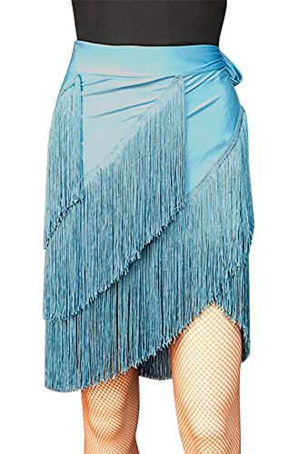 SEAUR Latein Tanzrock Damen Bauchtanz Hüfttuch Fransen Rock Ballsaal Rumba Cha Cha Samba Tanzkleid Blau