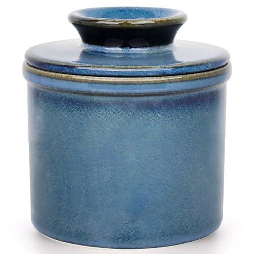 Jersinwei Französische Butterdose Wassergekühlt mit Wasserlinie Keramik Butterglocke für streichfähige Butter - Blue