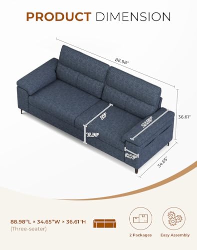 Image of Upvilla 88.97 inch Modern Sofa Couch Deep Seat Sofa for Living Room(Blue)
