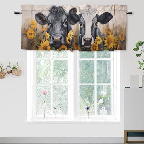 Dabuniu Cow Blackout Kitchen Curtain Valances for Windows Farmhouse Sunflower Rustic Wooden Barn Door Window Treatment Valance Curtains for Bathroom 54 by 18 in, 1 Panel