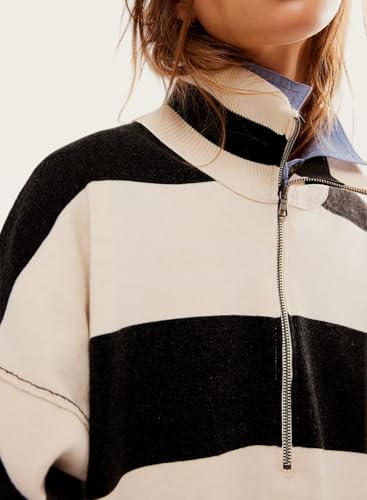Image of Women's Oversized Quarter Zip Sweater Trendy Color Block Striped Y2K Pullover Cozy Loose Knit Fall Tops