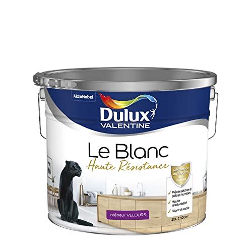 Dulux Valentine Le Blanc Haute Resistance - Peinture Intérieure Murs, Plafonds et Boiseries - Pièces sèches et humides - Velours Blanc 10 L