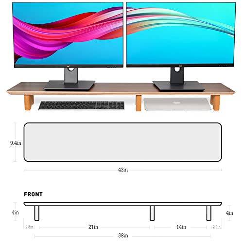 Aothia Large Dual Monitor Stand Riser, Solid Wood Desk Shelf With Eco Cork Legs For Laptop Computer/Tv/Pc/Printers, Perfect Desktop Stands Organizer With Underneath Storage For Office Accessories #TOP2