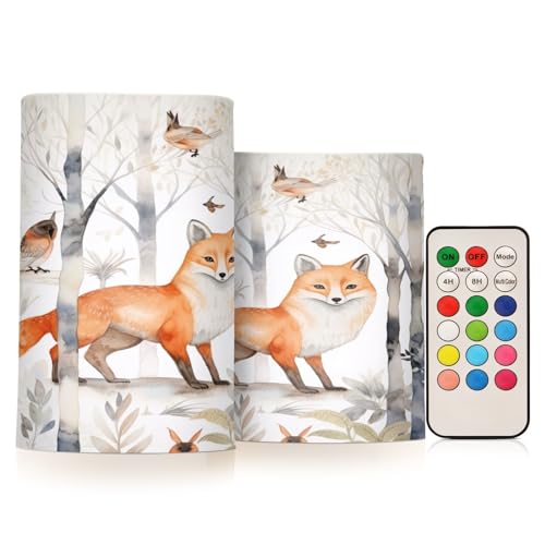 Image of Fox in The Woods Flameless Candles With Remote - Set of 2 Battery Operated Pillar Candles for Home Decoration, Christmas, Party