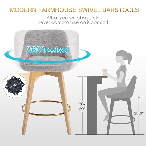 Image of Zesthouse Swivel Counter Height Stools Set of 2, 26 inch Wooden Barstools with Back & Solid Wood Legs, Modern Upholstered Bar Stools for Kitchen Island, Grey Linen Fabric Counter Height Chairs