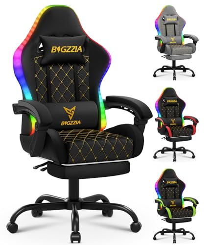 bigzzia Chaise Gaming avec LED RGB, Ergonomique Chaise de Gaming avec Soutien Lombaire Repose-Pieds, Fauteuil Gaming réglable et pivotant capacité de Charge 150 kg