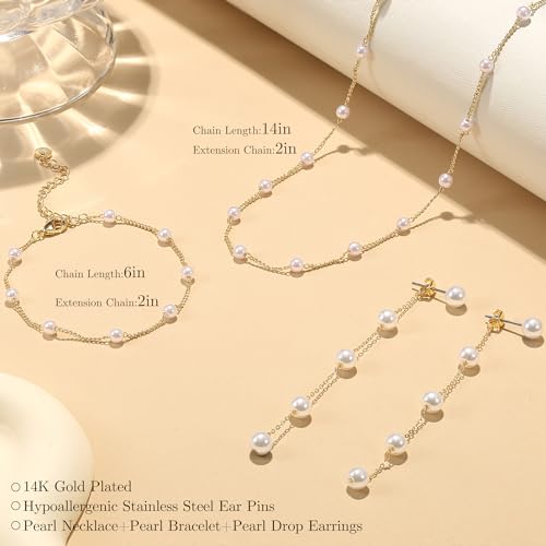 FUNRUN-JEWELRY-Pearl-Necklace-for-Women-14K-Gold-Plated-Pearl-Jewelry-Set-Adjustable-Pearl-Choker-Necklace-Bracelet-Pearl-Drop-Earrings-Dainty-Wedding-Pearl-Jewelry