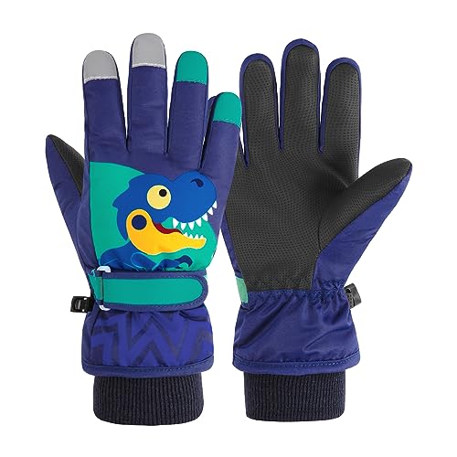 Durio Kinder Ski Handschuhe Winter Skihandschuhe Winddicht Wasserdicht Warm Handschuhe Junge Mädchen Outdoor Sports Schneehandschuhe Schwarzblau Dinosaurier 4-6 Jahre