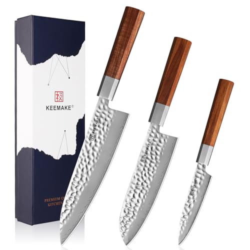 Image of KEEMAKE Kitchen Knife Set 3-pcs - Chef Knife Set with 3-layer Japanese 9CR18MOV Clad Steel Blade, Sharp Knives Set for Kitchen with Octagon Rosewood Handle Kitchen Knives