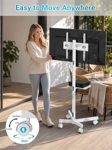 Image of Mobile TV Cart for 23-60 Inch LED LCD Flat Curved Screens TVs, Rolling TV Stand with Locking Wheels Holds Up to 88lbs, Height Adjustable Portable Floor Stand with Media Shelf Tray, Max VESA 400x400mm