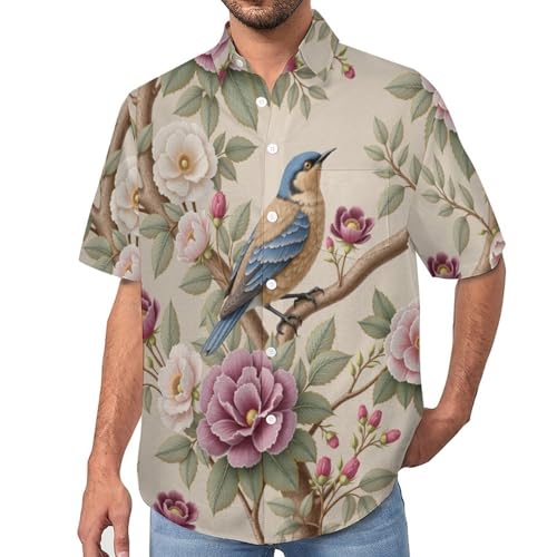Chemise motif fleurs et oiseaux haut de gamme style chinois pour homme