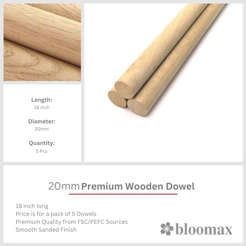 Image of BLOOMAX 5 Pcs Dowel Rods - Sanded Finish, Round Craft Rods for Woodworking & DIY Projects (20mm x 18 Inch)