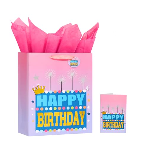 Image of Powbrace 13 inch Pink Happy Birthday Bag with Tissue Paper and Greeting Card for Party, Happy Birthday Gift Bag for Men Women,Gift Bags Medium size(1 PCS Pink, Gift Bag)