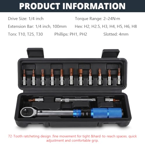 Image of Serplex 15PCS 1 /4 Inch Adjustable Torque Wrench, 2-24Nm Click Ratchet Set