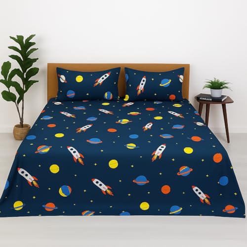 Image of Bedsheet for Single Bed with 2 Pillow Covers Breathable | Outer Space Adventure Single Bed Sheet - Planet Spaceship