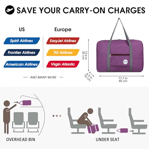Image of WANDF Foldable Travel Duffel Bag Luggage Sports Gym Water Resistant Nylon (B- Light Purple) | 18x14x8 inches, Frontier Airline Underseat Fit, Weekend Overnight Trips, Lightweight Packable