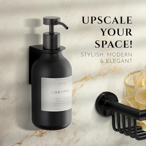 Shower Shampoo Dispenser Wall Mounted – Refillable 16.9 oz Black Bottle with Stainless Steel Pump & No-Drill Adhesive Holder – Soap Dispenser for Bathroom (1 X Black) - image 2