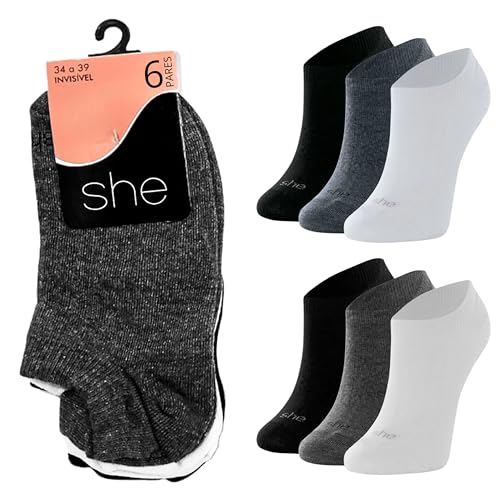 SHE BY MASH Kit 6 Pares Meia Invisível Sapatilha Discreta Academia Feminina Adulto, 2 Brancas - 2 Ci
