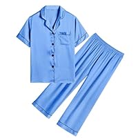 SWOMOG Girls Boys Silk Satin Pyjamas Set Button-Down PJs Two-Piece Lounge Sets Short Sleeve Sleepwear with Long Pants