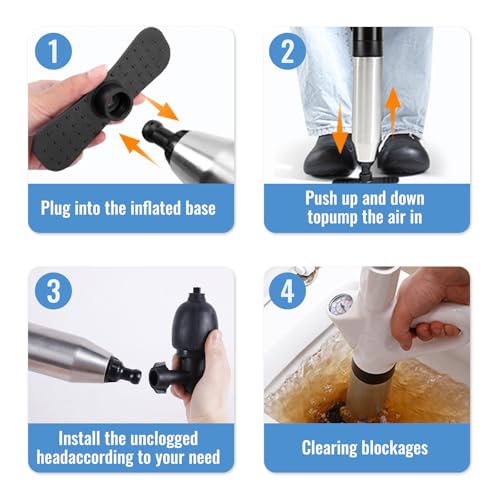 Rohrreiniger Druckluft, Abflussreiniger Pumpe mit Luftdruckanzeige, Pressluft Rohrreiniger mit 4 Saugnäpfen für Waschbecken, Toiletten, Badezimmer, Dusche, Küche