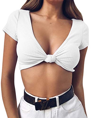 Mizoci Women's Sexy Knot Front Crop Top Deep V Neck Short Sleeve Basic Casual T Shirt2
