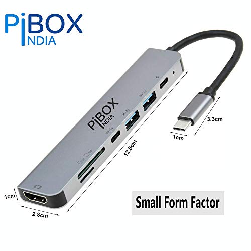 Image of PiBOX India - USB C Hub Dock- 7 in 1 with 4K 30HZ HDCP Compliant, Aluminum Type C Adapter with 4K HDMI Port, USB 3.0 Port, USB-C Power Delivery, TF /SD Card Reader, MacBook /Dell /Samsung USB C Devices
