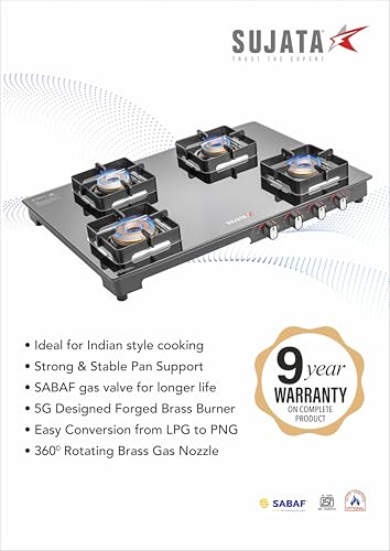 Image of Sujata Regal Manual Gas Stove 4 Burners Glass Top | 9 Years Warranty | Gas Stove with Jumbo Brass Burners | SABAF Technology | ISI Certified | LPG & PNG Compatible | 360 Rotating Brass Nozzle (Black)