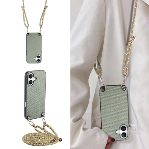 ESONG Cover Fibra Carbonio per Honor X8A con Cordino Cinturino Custodia Caso per Ragazze Con Collana Catena Laccio Case Sottile Antiurto Shell donna verde pelle