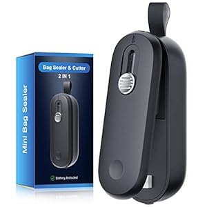 ODSD Bag Sealer, 2 IN 1 Mini Bag Sealer Heat Seal with Cutter, Portable Bag Resealer Handheld with Lanyard Heat Sealer for Chip Bags Food Storage (2 AA Battery Included) Black