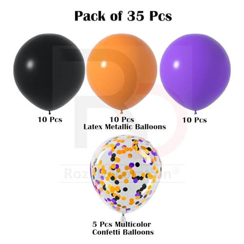 Image of Rozi Decoration Pack of 35 Black Orange Purple Balloons - 9 Inch Latex & Confetti Balloon Set, Metallic Balloons for Birthday, Halloween, Haunted Theme, Party Decorations