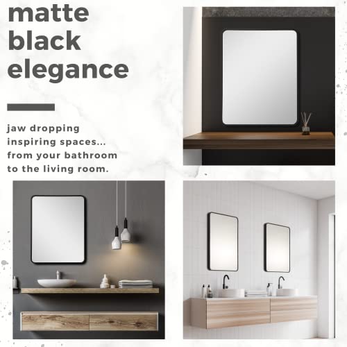 Matte Black Bathroom Mirror For Wall 22"X28" -Rectangular Aluminum Metal Frame With Round Corners-Wall Mounted With Glass Panel-Vanity For Decoration Hanged Vertically/Horizontally #TOP4