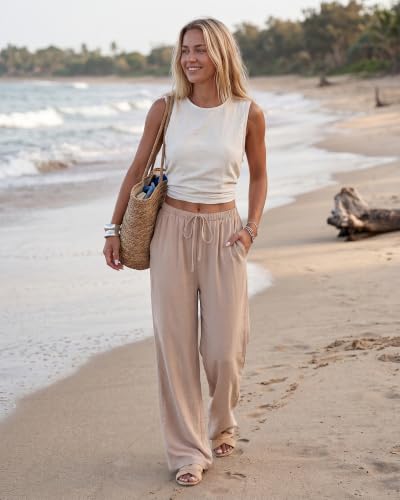 Image of ZOOSIXX Wide Leg Pants for Women - Palazzo Flowy Lounge Lightweight Summer Drawstring Trousers with Pockets Beach Vacation