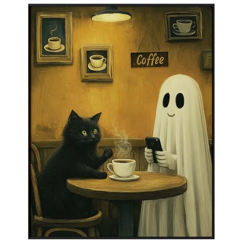 Cute Ghost and Black Cat in Dark Coffee Bar Print,
