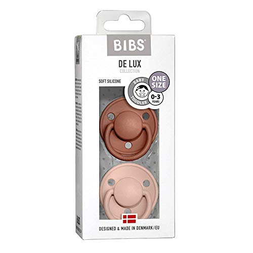 Image of BIBS De Lux Baby Pacifier 2-Pack | Made in Denmark | BPA Free Dummy Soother, Round Nipple. Silicone, OneSize (0-36 Months), Woodchuck /Blush