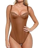 Popilush Lace Body Suits for Womens Tummy Control Shapewear Faux Leather Corset Tops Thong Bodysuit X-Small